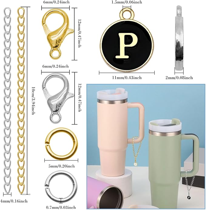 6PCS Letter Charm Accessories for Stanley Cup, Name ID Letter Handle Charm for Stanley Handle Identification Letter Pendant Handle Decoration for Stanley Tumbler Charms (Letter P)