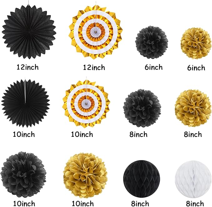 Black Gold Party-Decoration Graduation Banner - 14pcs Kits Cap Garland Streamers, Paper Tissue Pom Poms Flowers Fans Honeycomb,Class Of 2025 College High School Grad Decor Hugfond