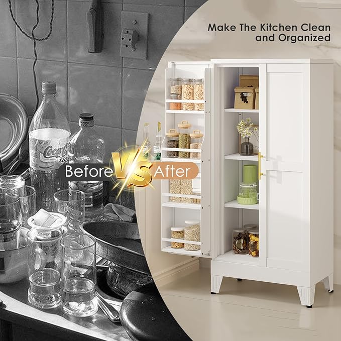 51" H Metal Kitchen Pantry Storage Cabinet, Freestanding Cupboard Storage Cabinet with Doors and Adjustable Shelves, Large Stand Up Food Cupboard for Living Room, Dinning Room, White
