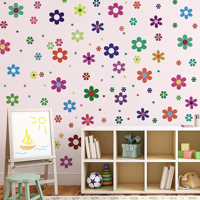 Amaonm 12 Sheets Large Daisy Wall Decals DIY Boho Sunflower Wall Stickers Peel and Stick Colorful ins Daisy Floral Wall Decor for Nursery Little Girls Teens Bedroom Living Room (12 Sheets of 133pcs)