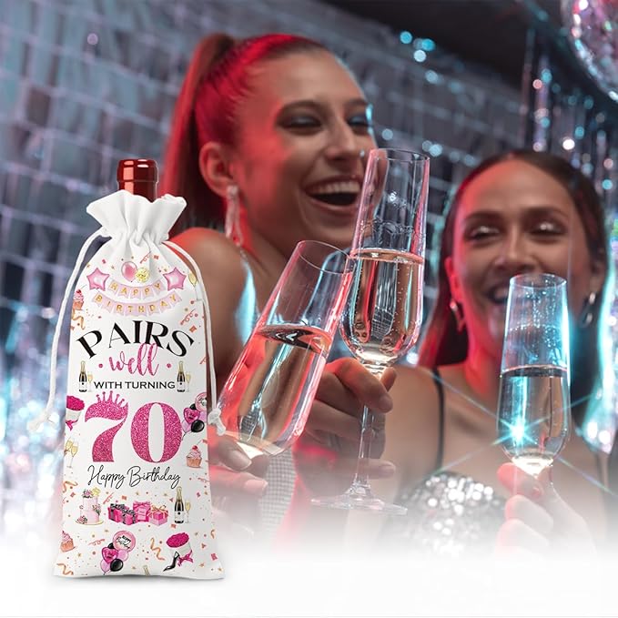70th Birthday Gifts for Women Men Wine Bag, 70 Year Old Birthday Gifts for Woman Man, 70th Birthday Party Decorations Men for Women, Pairs Well with Turning 70 Wine Bags (White Pink)