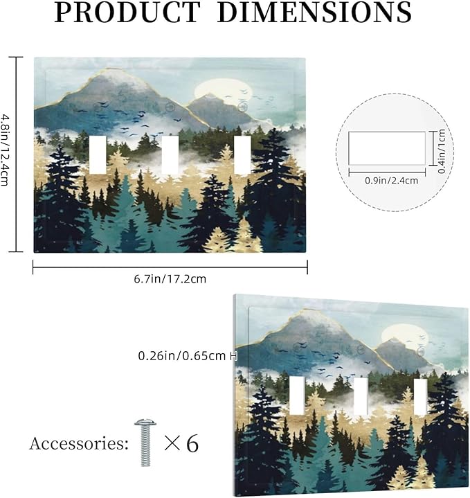 Boho Mountain Forest Abstract Sunset Sunrise Sun 3 Gang Light Switch Covers Triple Toggle Wall Plate Decorative Switchplate Electrical Faceplate for Country Bathroom Bedroom Decor