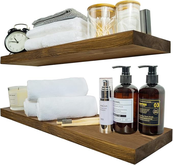 BGMG Wood Floating Shelves for Wall 24 inch Set of 2, Rustic Wooden Wall Mount Shelves for Bathroom Living Room Bedroom Kitchen Farmhouse -24x 6.7 x1.25 inch- Walnut Color