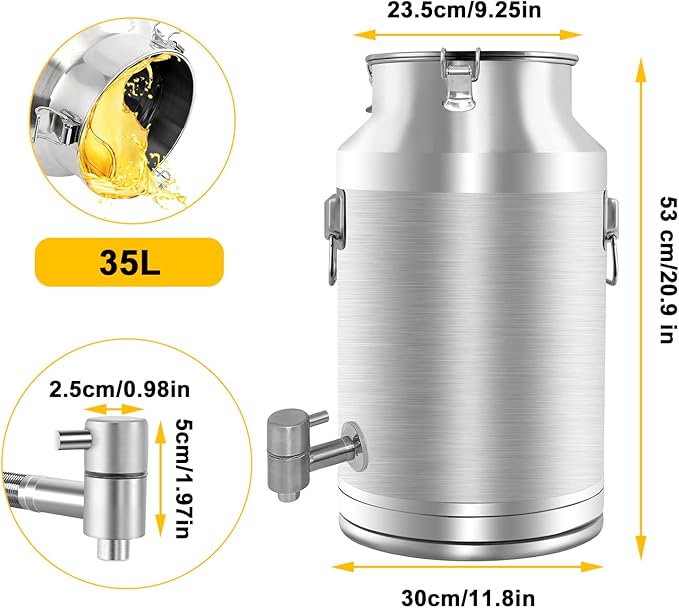 304 Stainless Steel Milk Can，35L Milk Bucket Wine Pail Bucket 9.25 Gallon Milk Can Tote Jug with Sealed Lid Heavy Duty for Milk and Wine Liquid Storage