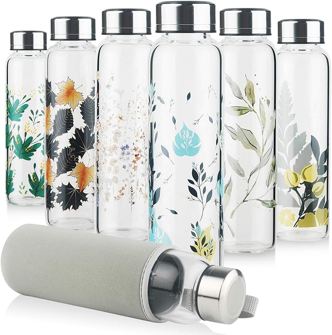 Borosilicate Glass Water Bottle, Sports Glass Drinking Bottle with Neoprene Sleeve and Stainless Steel Lid 16oz / 32oz