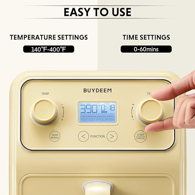 BUYDEEM F51 8-in-1 Air Fryer 4.2QT, Retro Countertop Airfryer Oven with Visible Window, Shake Reminder, One-touch Control with LCD Display, Mellow Yellow
