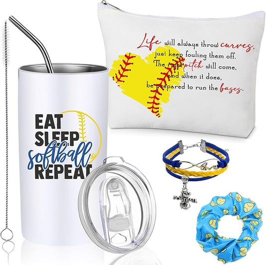 4 Pieces Sports Gifts Set - Hair Scrunchies, Elastic Hair Bands, Ball Charm Bracelet, Zipper Pouch, and Tumbler for Women