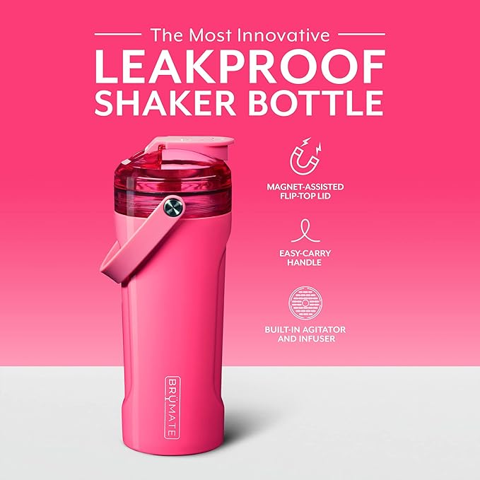 BrüMate MultiShaker Blender Shaker Bottle | 100% Leakproof Insulated Stainless Steel Shaker Bottle | Protein Shaker Bottle, and Pre Workout Bottle for the Gym | 26oz (Neon Pink)