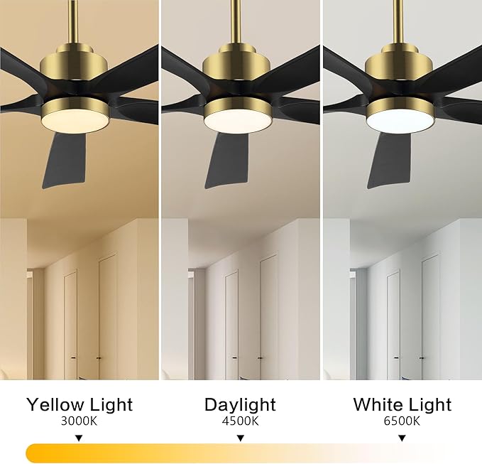 52" Modern Ceiling Fan with Light and Remote Control, 5 Solid Wood Blades 6-Speed Noiseless Reversible DC Motor, Ceiling Fan for Bedroom Dinning Living Room, Gold Finish with Black Blades