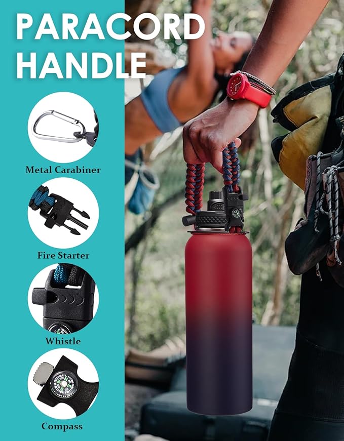 40oz Insulated Water Bottle with Straw - Pop-up Chug Lid (Cold-48H Hot-24H) Stainless Steel Water Bottles Sweat Proof, Metal Hydro Thermo Jug w/Strap Carrier Bag, Paracord Handle, Cream White