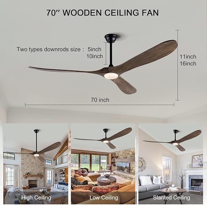 BOJUE 72 Inch Large Ceiling Fans with Lights, Ceiling Fan with Light and Remote Control, 3 Solid Wood Blades, Indoor Outdoor Ceiling Fans for Patios Porch Living Room Farmhouse