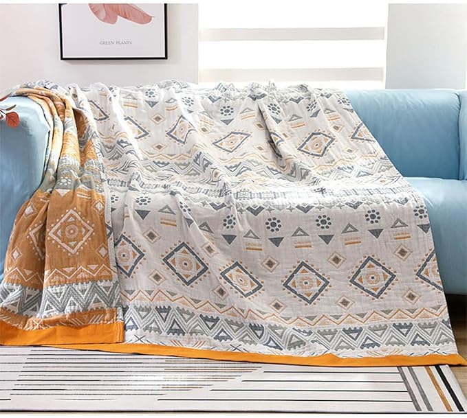 Boho Muslin Blanket for Adults 4-Layer Gauze Twin Size Soft Cozy 100% Cotton Cooling Blanket Geometric Farmhouse Decor for Sofa Bed Coverlet Both Sides (Boho-G-Yellow, Twin 60 x 80 in)