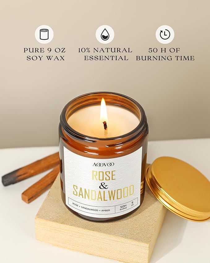 AOOVOO Rose Sandalwood Candles - 9 oz Scented Candles, Aromatherapy Candle, Soy Candle for Home Scented