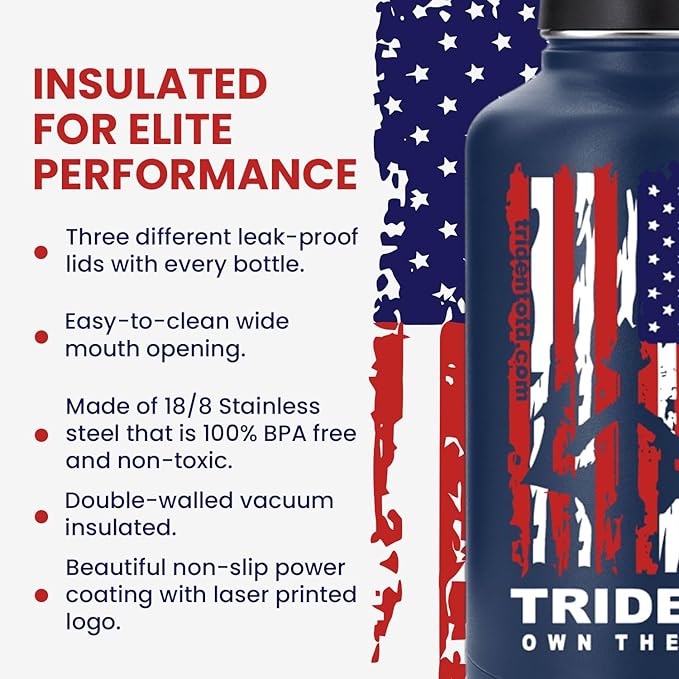 American Flag 64 oz Water Bottle, Reusable Water Bottle with Straw, Leak Proof Water Bottles, 64oz Insulated Water Bottle, Thermos Water Bottle - Retired Navy Vet Small Business (Dark Blue, 64 Oz)