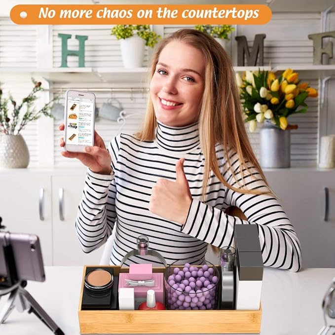 Bathroom Vanity Tray Organizer Bamboo, Small Wood Tray for Bathroom Counter Kicthen Drawer, Rectangular Toilet Paper Storage Basket Box, Guest Sink Tray Decor, Bathroom Accessories 15" x 6" x 2.5"