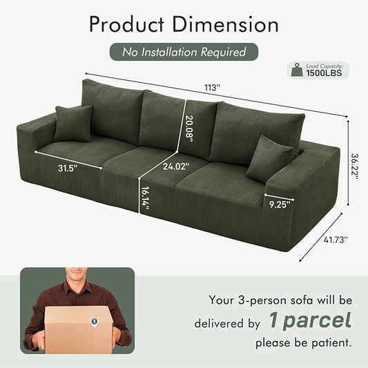 Boneless Cloud Couch Sofa for Living Room, 112" 3 Seater Green Modern Lounge Sleeper Couch, No Assemble, Cordury Compression Upholstered Couches