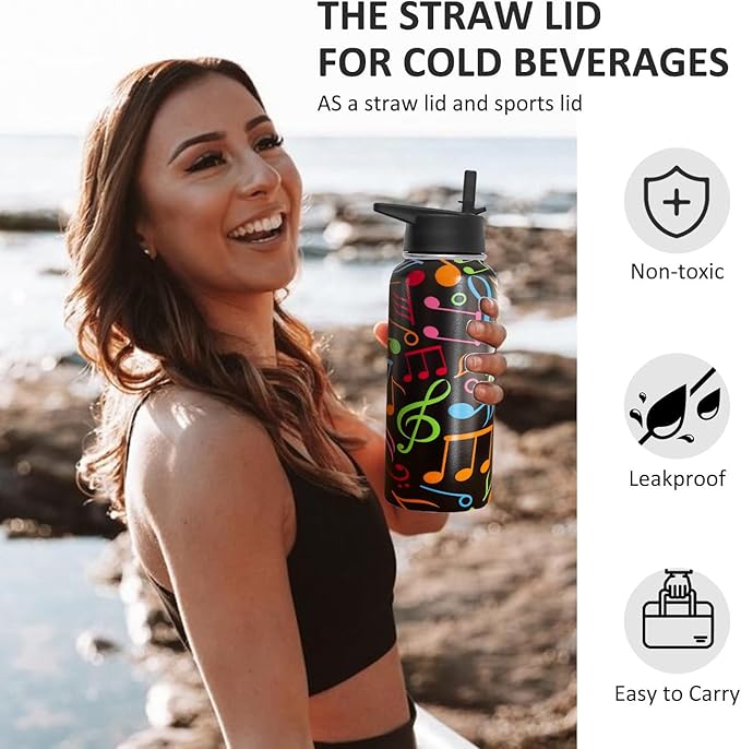 32 oz Music Water Bottle Insulated Vacuum Stainless Steel Sports Water Bottle with 2 Lids (Straw and Spout Lid) for Gym Camping Hiking