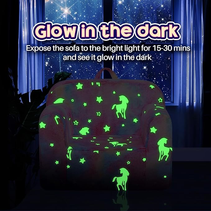 ALIMORDEN Kids Ultra-Soft Snuggle Foam Filled Chair, Cuddly Sherpa Reading Couch for Boys and Girls,Glow-in-The-Dark Unicorn Pattern