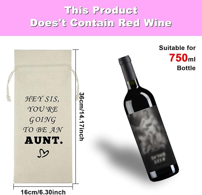 Baby Announcement Gift Aunt Gift for Sister Wine Bag Promoted to Aunt Gift for Women Pregnancy Announcement Gift for Aunt to be Cousins Siblings Cotton Burlap Wine Wrap Bag New Auntie Gift Christmas