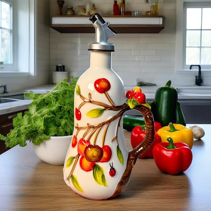 18 Oz Hand Painted Relief Ceramic Olive Oil Bottle Dispenser for Kitchen, Oil and Vinegar Bottle, Seasoning Bottle with Stainless Steel Nozzle, 540mL Oil Container with Handle for Cooking, Light Proof