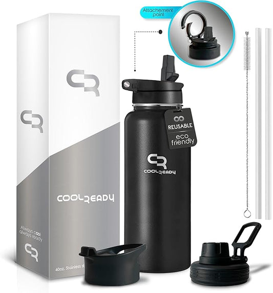 40oz Stainless Metal Black Water Bottle with Straw - Handle Lid, Thermos Coffee Travel Lid and Chug Lid - Double Walled Steel Sports Bottle - Work Out Bottle – Leak Proof -