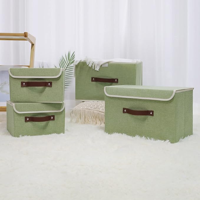ANMINY 4PCS Storage Bins with Lid PU Leather Handles Storage Boxes PP Plastic Board Decorative Foldable Lidded Cotton Linen Fabric Home Cubes Baskets Closet Organizer Containers - Green, Large Size