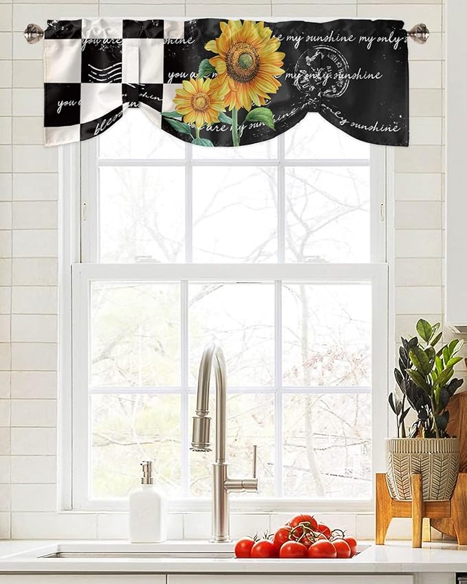 Buffalo Plaid Blackout Tie Up Valance Curtains for Kitchen Windows Farmhouse Sunflower Window Toppers Balloon Shades for Living Room/Bathroom/Bedroom,1 Panel,42" X 12" Autumal Wild Flower