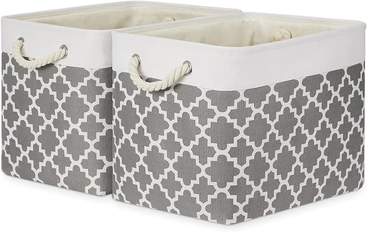 Bidtakay Large Fabric Storage Basket Set of 2 Collapsible Rectangle Basket for Shelves 16" X 11.8" X 11.8" Decorative Organizer Bins for Clothes Toys(White&Quatrefoil Grey)