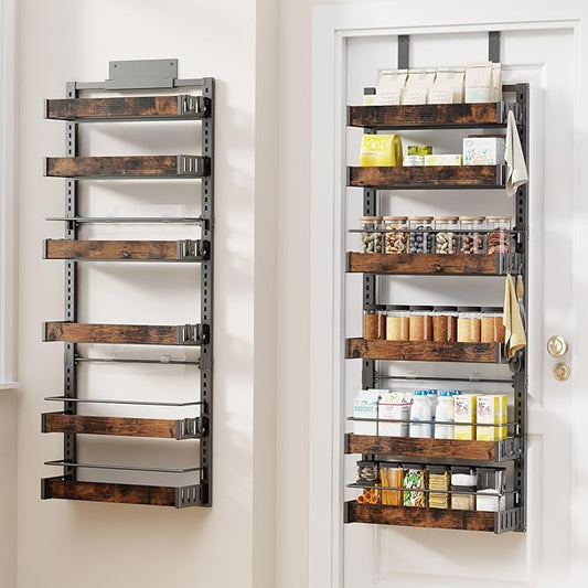 6 Tier Over The Door Pantry Organizer, 2 IN 1 Wall Mount or Metal Hanging Spice Rack for Pantry Organizers and Storage, Seasoning Shelves，Adjustable Basket with Hooks for Kitchen, Bathroom,Laundry