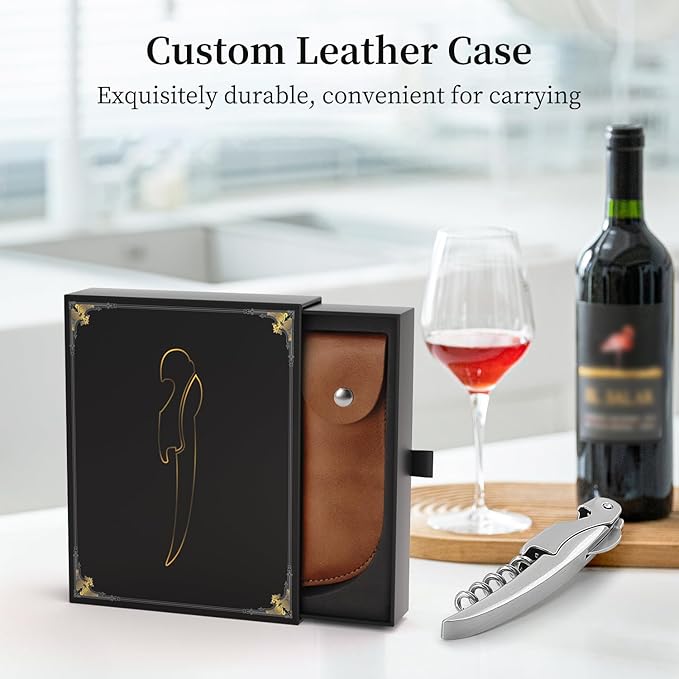 Bottle Opener, Wine gift for Wine Lover, Waiter’s Corkscrew Wine Opener with Genuine Leather Case, Foil Cutter, Beer Bottle Opener, Eco-Friendly Manual Wine Key (Stainless Steel)