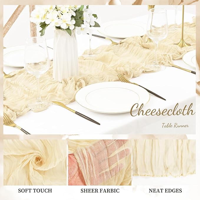 10FT 6 Pack Beige Cheesecloth Table Runner 20 x 120 Inch Long Rustic Gauze Fabric Cheese Cloth Table Runner for Wedding Bridal Baby Shower Table Decorations Boho Sheer Birthday Party Table Decor