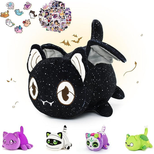 69-PCS 丨 11-inches Bat Cat Plush + 60-Sticker + 8-Pcs Shoe Charms - Ghost Cat Collection - 100% Embroidered Plushie - Cat Stuffed Animal Collectible (Bat Cat)