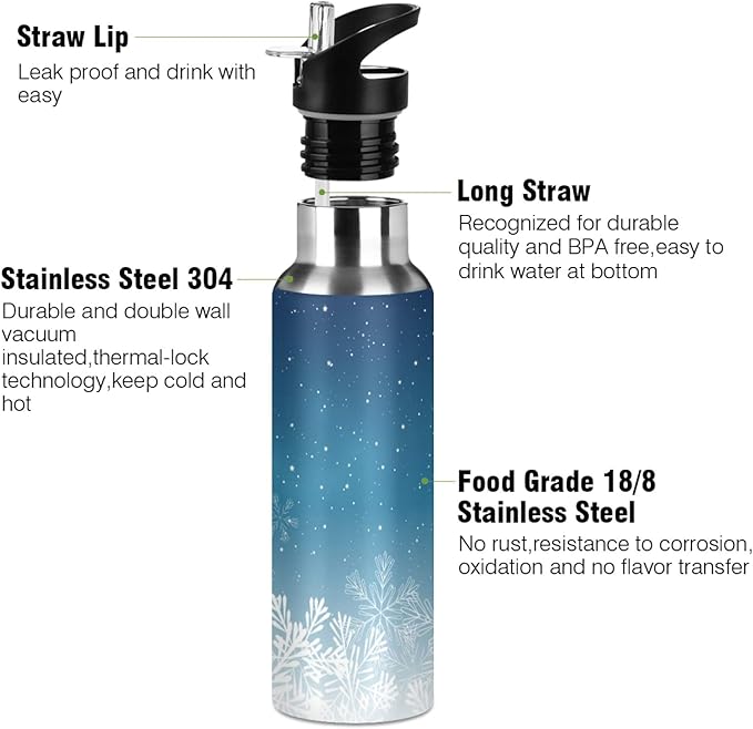 Blue Christmas Snowflake Sports Water Bottle, 22 Oz BPA Free Non-Toxic Stainless Steel Water Bottle with Straw for Gym Yoga Fitness Camping