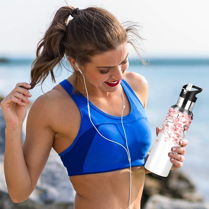 Blueangle 22oz Japanese Cherry Blossom Water Bottle, BPA Free Stainless Steel Water Bottle Leak-Proof Sports Bottle for Camping Workouts Gym and Outdoor Activity