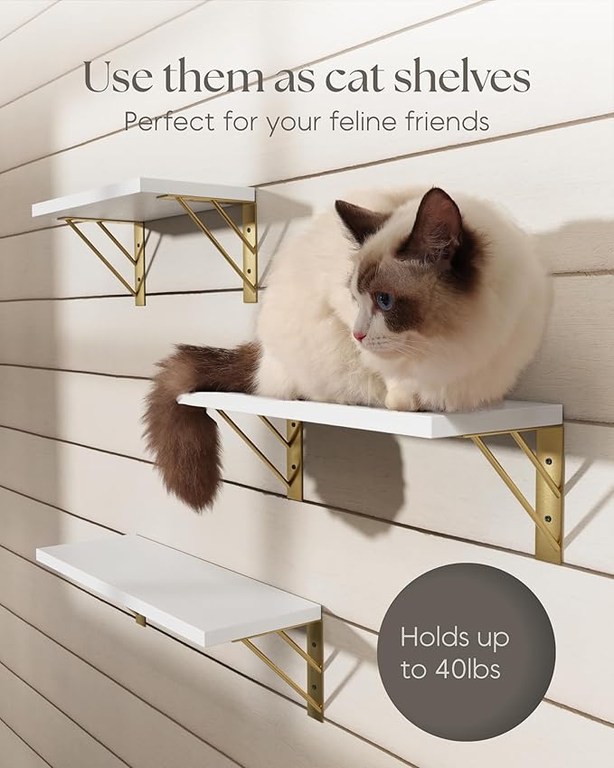 BAYKA Wall Shelves for Bedroom Decor, Floating Wall Shelves for Living Room Kitchen Storage, Wall Mounted Rustic Wood Shelves for Kids Books,Corner Shelves for Bathroom(White and Gold，Set of 3)