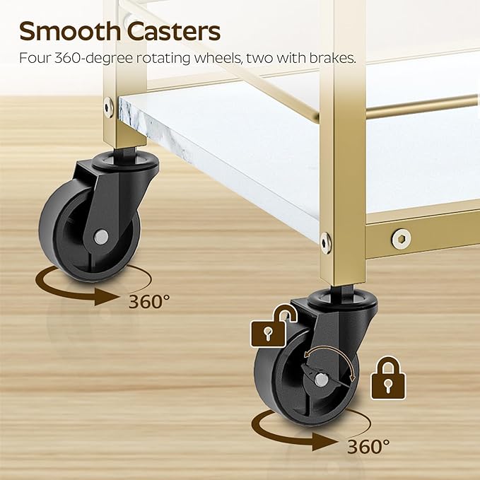 Bar Cart, Gold Bar Cart for The Home, Small Bar Cart on Wheels, Beverage Cart, Home Bar Serving Cart with Glass Holder, Drink Cart for Bar, Kitchen, Dining, Marble White and Gold BC03DW