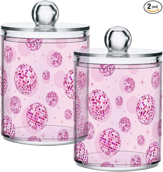 2 Pack Qtip Holder Organizer Dispenser Disco Balls Pink Bathroom Storage Canister Cotton Ball Holder Container for Cotton Pads/Swabs/Floss
