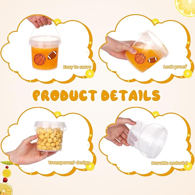 30 Pcs Ice Cream Buckets with Lids and Handles Drink Rum Buckets for Parties Cocktails Reusable Clear Plastic Food Containers with 50 Pcs Sports Stickers