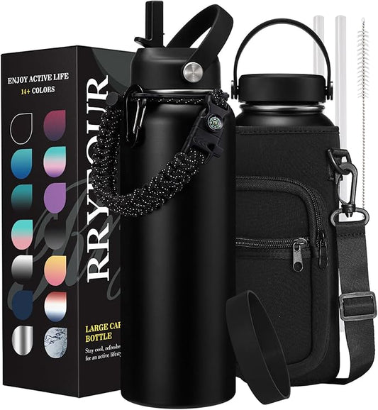 40 oz Stainless Steel Water Bottles Insulated - with Paracord Handle, Straw Lids, Flex Cap, Bottle Carrier & Silicone Boot, Leek Proof Reusable Water Bottle Flask Metal Jug Cold 48 Hrs Hot 24 Hrs