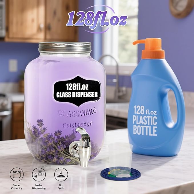 2-Pack 1 Gallon Glass Laundry Detergent Dispenser Set with Bamboo Lids and Stand - Liquid Soap and Fabric Softener Dispensers with Spigots, Cups, Labels and Mats, Laundry Room Organization and Storage