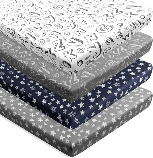 4 Pack Fitted Pack N Play Sheets for Baby Boys Neutral Unisex Breathable Soft Toddler Mini Crib Sheets for Pack and Play Mattress (Letter Print)