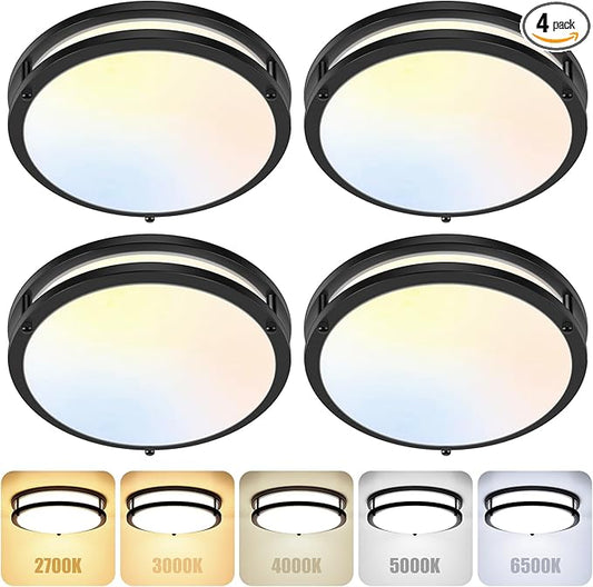 4-Pack 36W LED Flush Mount Ceiling Lights, 3200LM Black Ceiling Light Fixtures, 5 Color in One (2700K/3000K/4000K/5000K/6500K), 12'' Modern Round Ceiling Lamp for Kitchen Hallway Stairwell Offices