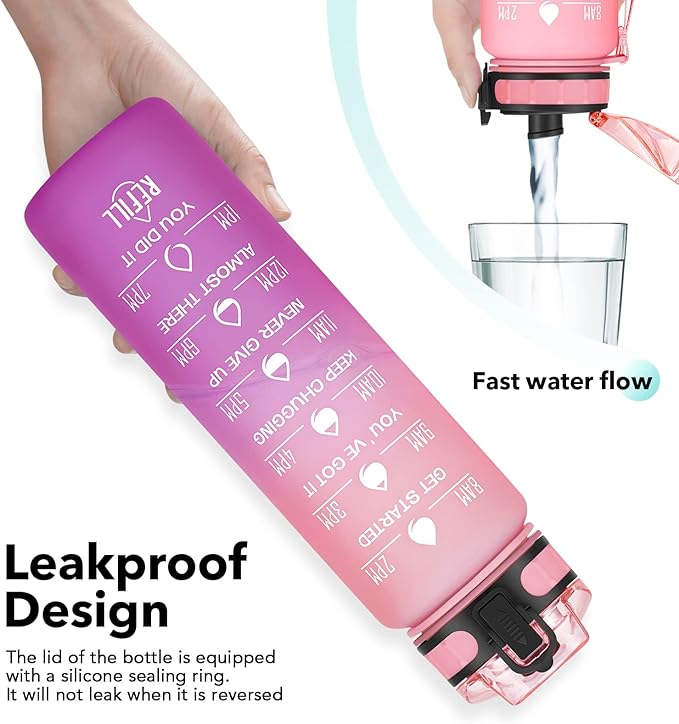 32oz Motivational Water Bottle with Time Marker & Fruit Strainer, Leak-proof BPA Free Non-Toxic Bottle with Carrying Strap, Perfect for Fitness, Gym and Outdoor Sports