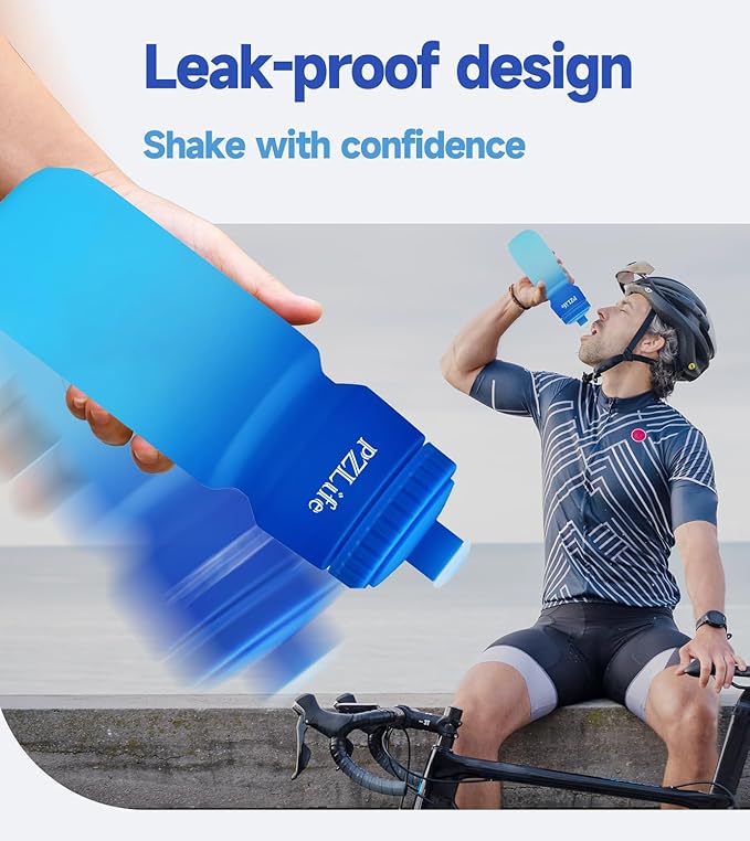 BPA Free Bike Water Bottles, 24 oz Cycling Squeeze Water Bottle - Easy Squeeze, w/Pull Top Lid, Leak Proof Sport Water Bottle with Capacity Scale, for Cycling, Gym