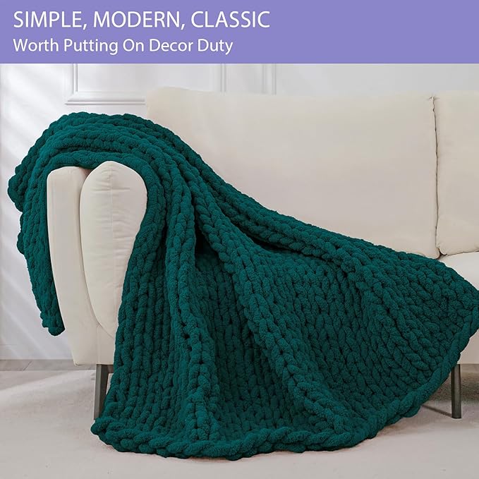 Bigacogo Chunky Knit Throw Blanket for Couch, 40x40 inches, 100% Hand Knitted with Thick Jumbo Chenille Yarn, Cozy Soft Large Rope Knot Cable Crochet Blankets for Sofa Bed Living Room, Dark Green