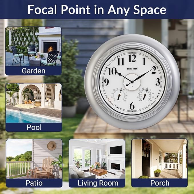 Andy Star 21 Inch Silver Illuminated Outdoor Wall Clock Waterproof with Thermometer and Hygrometer, Oversized Battery Operated Round Wall Clock, Big Silent Non Ticking Clock for Patio Pool Garden