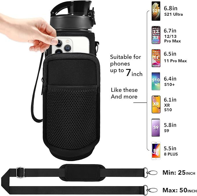 32 oz Water Bottle with Straw and Sleeve, Motivational Water Bottle with Time Marker and Adjustable Shoulder Strap, BPA Free Leakproof Sport Water Jug for Hiking, Gym