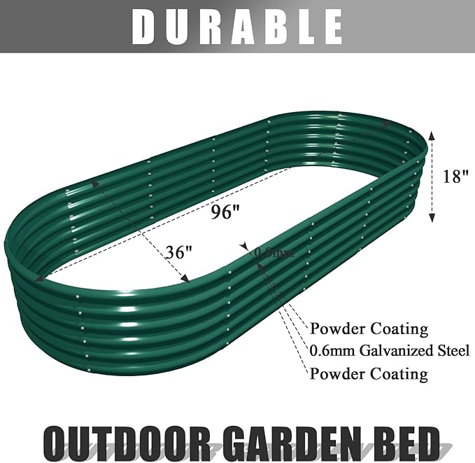 1 Pack 8x3x1.5FT Galvanized Raised Garden Bed Kit Oval Metal Ground Planter Box Outdoor Bottomless Planter Raised Beds for Vegetables Flowers Herbs Fruits, Green