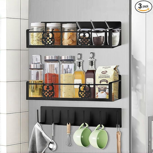 3 Pack Moveable No Drilling Heavy Magnet Spice Rack for Refrigerator Organizers and Storage,Space Saving Kitchen Organization with Magnetic Hooks,Owl Kitchen & Home Decor(Black)