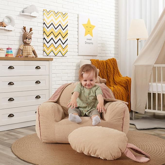 Bunny Kids Sofa Toddler Chair,Toddler Bean Bag Chair with Carrot-Shaped Throw Pillow,Soft Corduroy Cover Comfy Toddler Chair for Reading and Napping, for Boys and Girls,Beige Bunny
